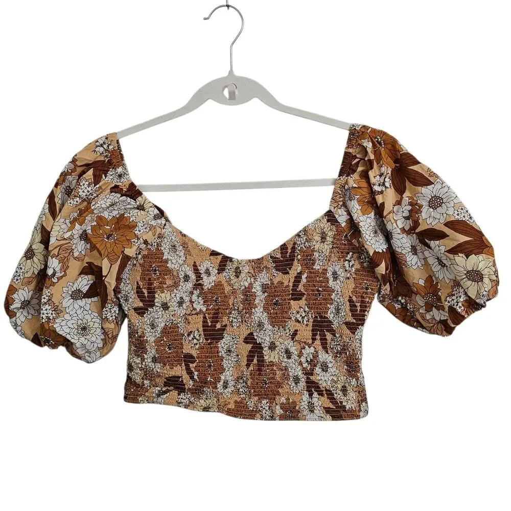 J. Crew Blouse Medium Brown Puff Short Sleeve Cotton Crop Top Zinnia Floral Boho